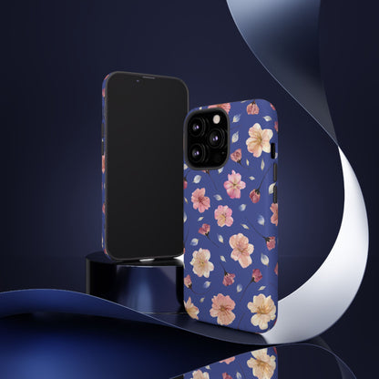 Coque Téléphone Samsung, iPhone & Google Pixel Renforcée Mate – Design Floral Fleurs de Cerisier sur Fond Bleu Encre | Protection Antichoc | Idée Cadeau Pour Elle