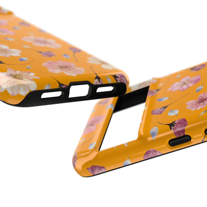 Coque Téléphone Samsung, iPhone & Google Pixel Renforcée Mate – Design Floral Fleurs de Cerisier sur Fond Couleur Curcuma| Protection Antichoc | Idée Cadeau Femme