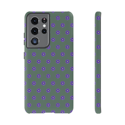 Coque Téléphone Samsung, iPhone & Google Pixel Renforcée Mate – Design Floral Epuré Fleurs de Primevère sur Fond Vert Minéral | Protection Antichoc | Idée Cadeau Femme