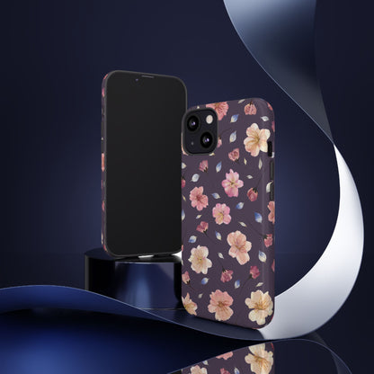 Coque Téléphone Samsung, iPhone & Google Pixel Renforcée Mate – Design Floral Fleurs de Cerisier sur Fond Couleur Prune | Protection Antichoc | Idée Cadeau Femme