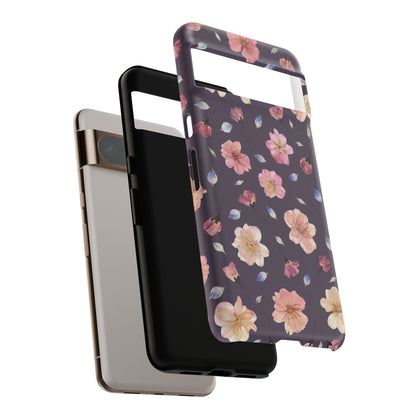 Coque Téléphone Samsung, iPhone & Google Pixel Renforcée Mate – Design Floral Fleurs de Cerisier sur Fond Couleur Prune | Protection Antichoc | Idée Cadeau Femme