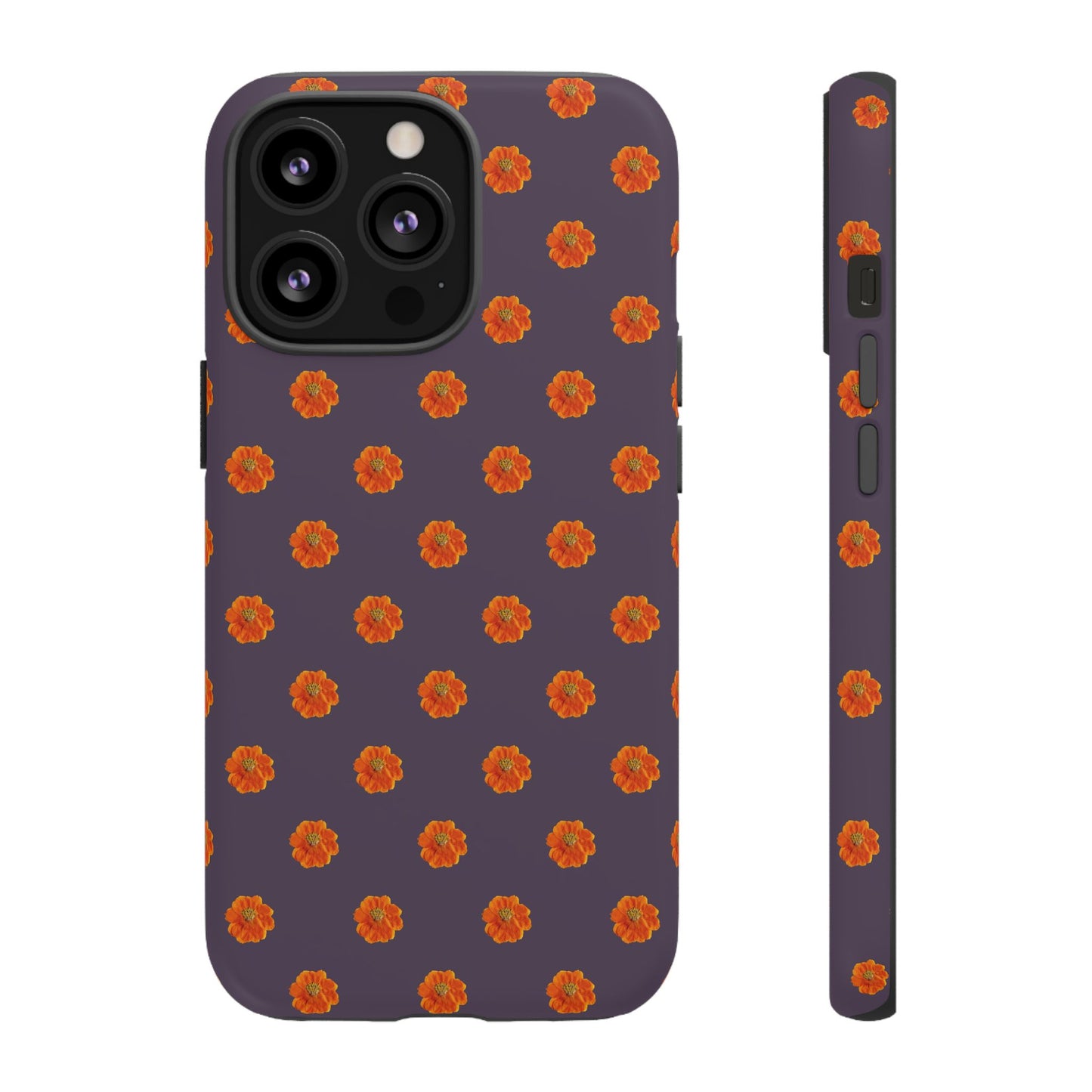 Coque Téléphone Samsung, iPhone & Google Pixel Renforcée Mate – Design Floral Epuré Fleurs de Cosmos Orange sur Fond Couleur Prune | Protection Antichoc | Idée Cadeau Femme