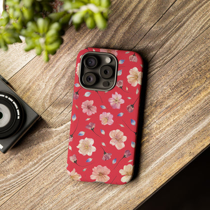 Coque Téléphone Samsung, iPhone & Google Pixel Renforcée Mate – Design Floral Fleurs de Cerisier sur Fond Rouge Féminin | Protection Antichoc | Idée Cadeau Femme