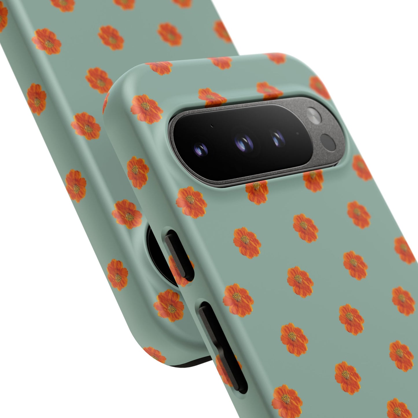 Coque Téléphone Samsung, iPhone & Google Pixel Renforcée Mate – Design Floral Epuré Fleurs de Cosmos Orange sur Fond Vert Eucalyptus | Protection Antichoc | Idée Cadeau Femme