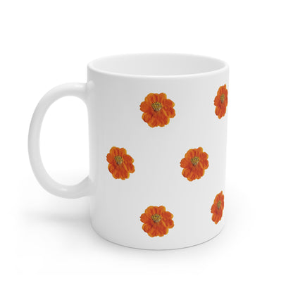 Mug Céramique Botanique Cosmos orange | Tasse Florale Blanche 325ml – Idée Cadeau Amateurs de Fleurs & Déco Printanière
