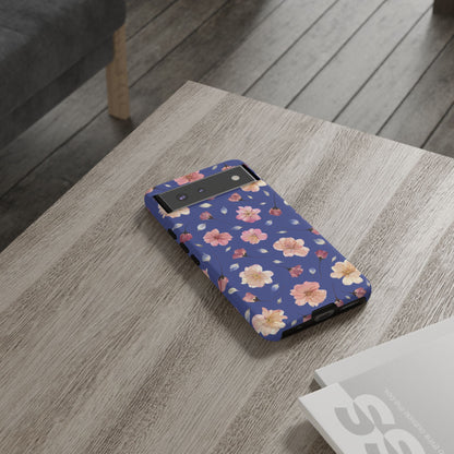 Coque Téléphone Samsung, iPhone & Google Pixel Renforcée Mate – Design Floral Fleurs de Cerisier sur Fond Bleu Encre | Protection Antichoc | Idée Cadeau Pour Elle