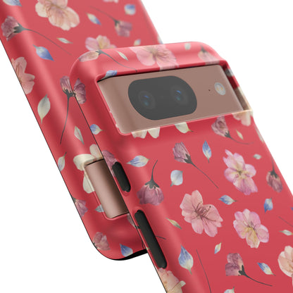 Coque Téléphone Samsung, iPhone & Google Pixel Renforcée Mate – Design Floral Fleurs de Cerisier sur Fond Rouge Féminin | Protection Antichoc | Idée Cadeau Femme