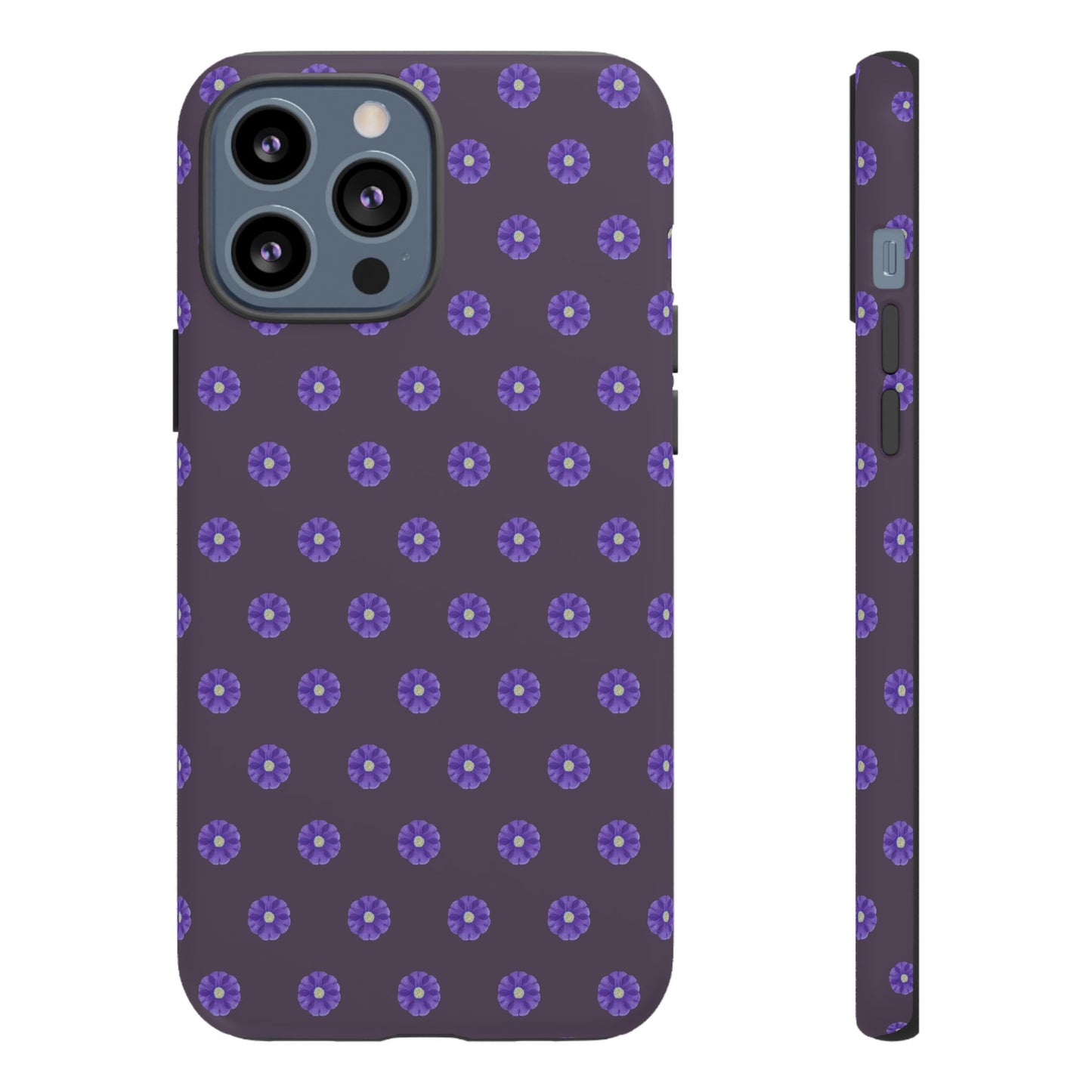 Coque Téléphone Samsung, iPhone & Google Pixel Renforcée Mate – Design Floral Epuré Fleurs de Primevère sur Fond Couleur Prune| Protection Antichoc | Idée Cadeau Femme