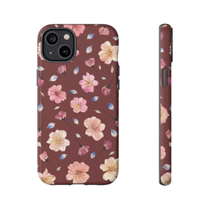 Coque Téléphone Samsung, iPhone & Google Pixel Renforcée Mate – Design Floral Fleurs de Cerisier sur Fond Bordeaux | Protection Antichoc | Idée Cadeau Pour Elle