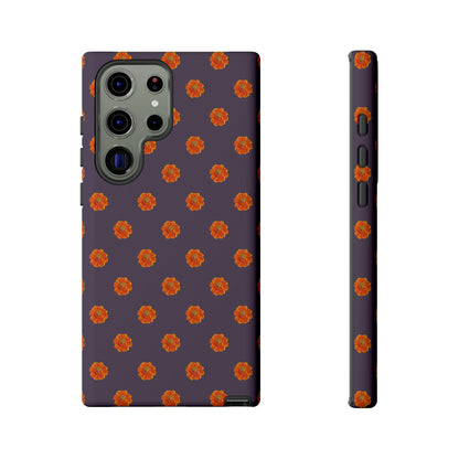 Coque Téléphone Samsung, iPhone & Google Pixel Renforcée Mate – Design Floral Epuré Fleurs de Cosmos Orange sur Fond Couleur Prune | Protection Antichoc | Idée Cadeau Femme