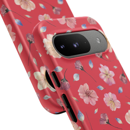 Coque Téléphone Samsung, iPhone & Google Pixel Renforcée Mate – Design Floral Fleurs de Cerisier sur Fond Rouge Féminin | Protection Antichoc | Idée Cadeau Femme