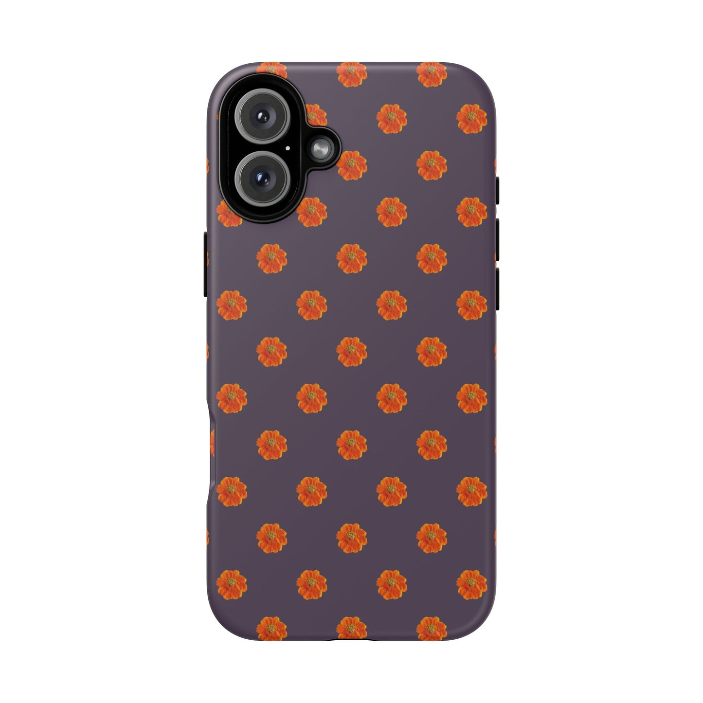 Coque Téléphone Samsung, iPhone & Google Pixel Renforcée Mate – Design Floral Epuré Fleurs de Cosmos Orange sur Fond Couleur Prune | Protection Antichoc | Idée Cadeau Femme