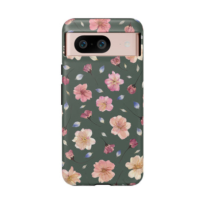 Coque Téléphone Samsung, iPhone & Google Pixel Renforcée Mate – Design Floral Fleurs de Cerisier sur Fond Verte Minéral | Protection Antichoc | Idée Cadeau Femme