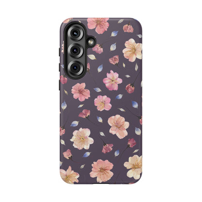 Coque Téléphone Samsung, iPhone & Google Pixel Renforcée Mate – Design Floral Fleurs de Cerisier sur Fond Couleur Prune | Protection Antichoc | Idée Cadeau Femme