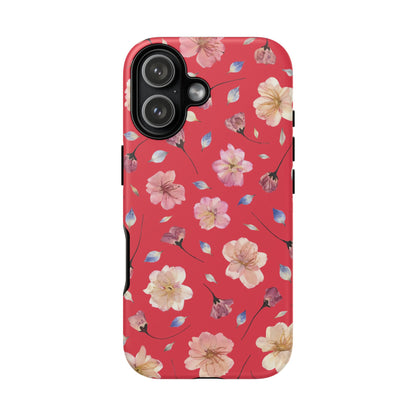 Coque Téléphone Samsung, iPhone & Google Pixel Renforcée Mate – Design Floral Fleurs de Cerisier sur Fond Rouge Féminin | Protection Antichoc | Idée Cadeau Femme