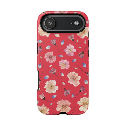 Coque Téléphone Samsung, iPhone & Google Pixel Renforcée Mate – Design Floral Fleurs de Cerisier sur Fond Rouge Féminin | Protection Antichoc | Idée Cadeau Femme