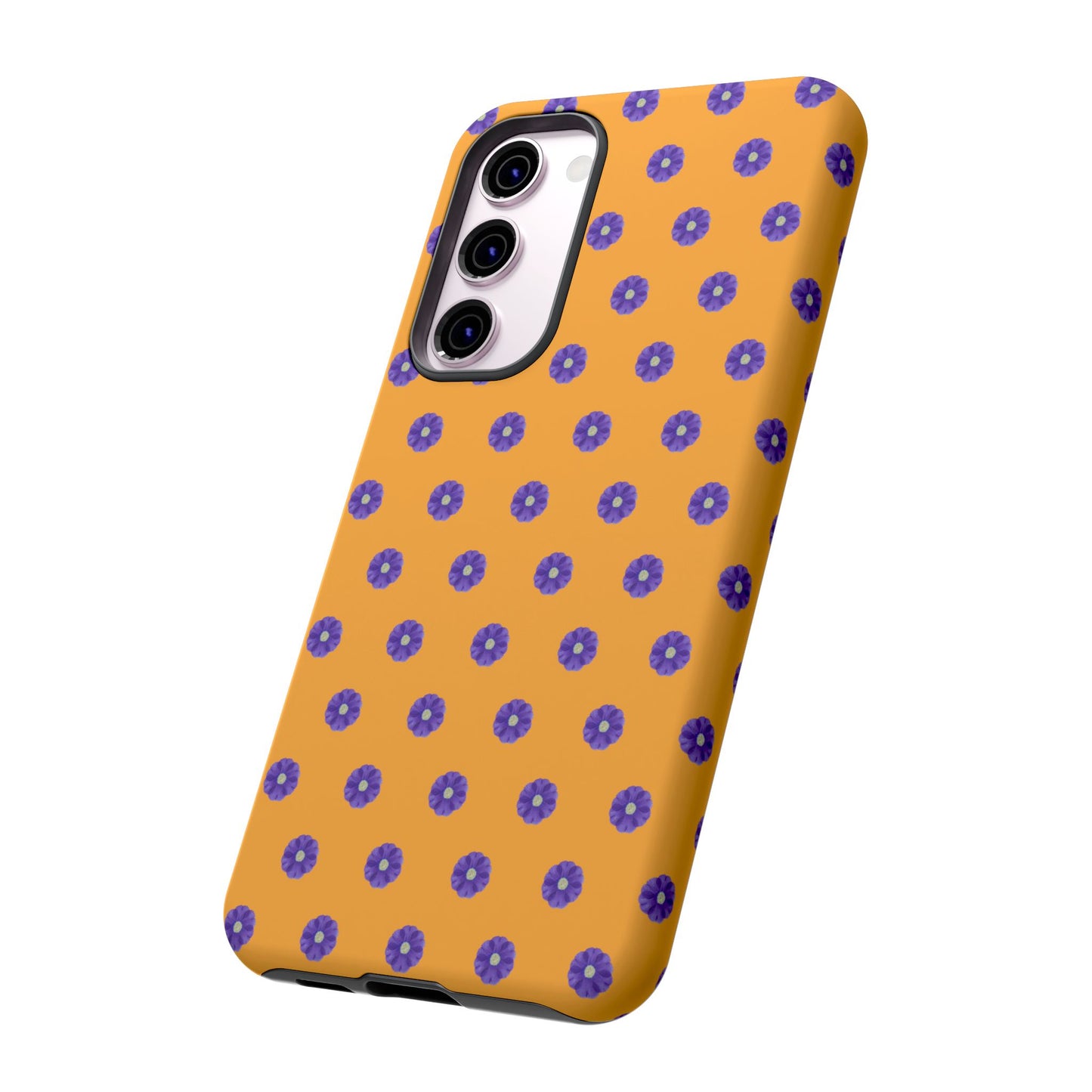 Coque Téléphone Samsung, iPhone & Google Pixel Renforcée Mate – Design Botanique Epuré Fleurs de Primevère sur Fond Ambre | Protection Antichoc | Idée Cadeau Femme