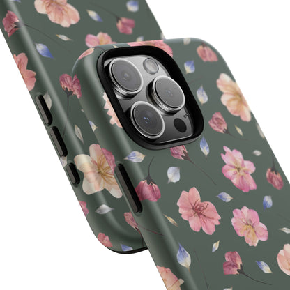 Coque Téléphone Samsung, iPhone & Google Pixel Renforcée Mate – Design Floral Fleurs de Cerisier sur Fond Verte Minéral | Protection Antichoc | Idée Cadeau Femme