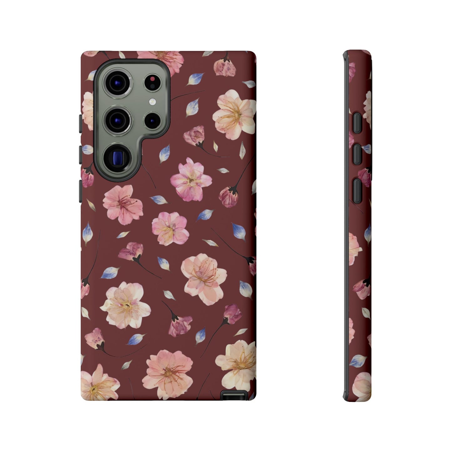 Coque Téléphone Samsung, iPhone & Google Pixel Renforcée Mate – Design Floral Fleurs de Cerisier sur Fond Bordeaux | Protection Antichoc | Idée Cadeau Pour Elle