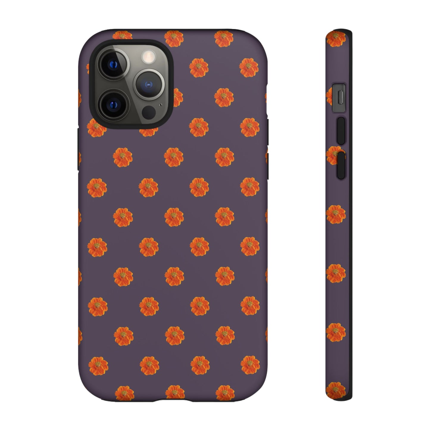 Coque Téléphone Samsung, iPhone & Google Pixel Renforcée Mate – Design Floral Epuré Fleurs de Cosmos Orange sur Fond Couleur Prune | Protection Antichoc | Idée Cadeau Femme