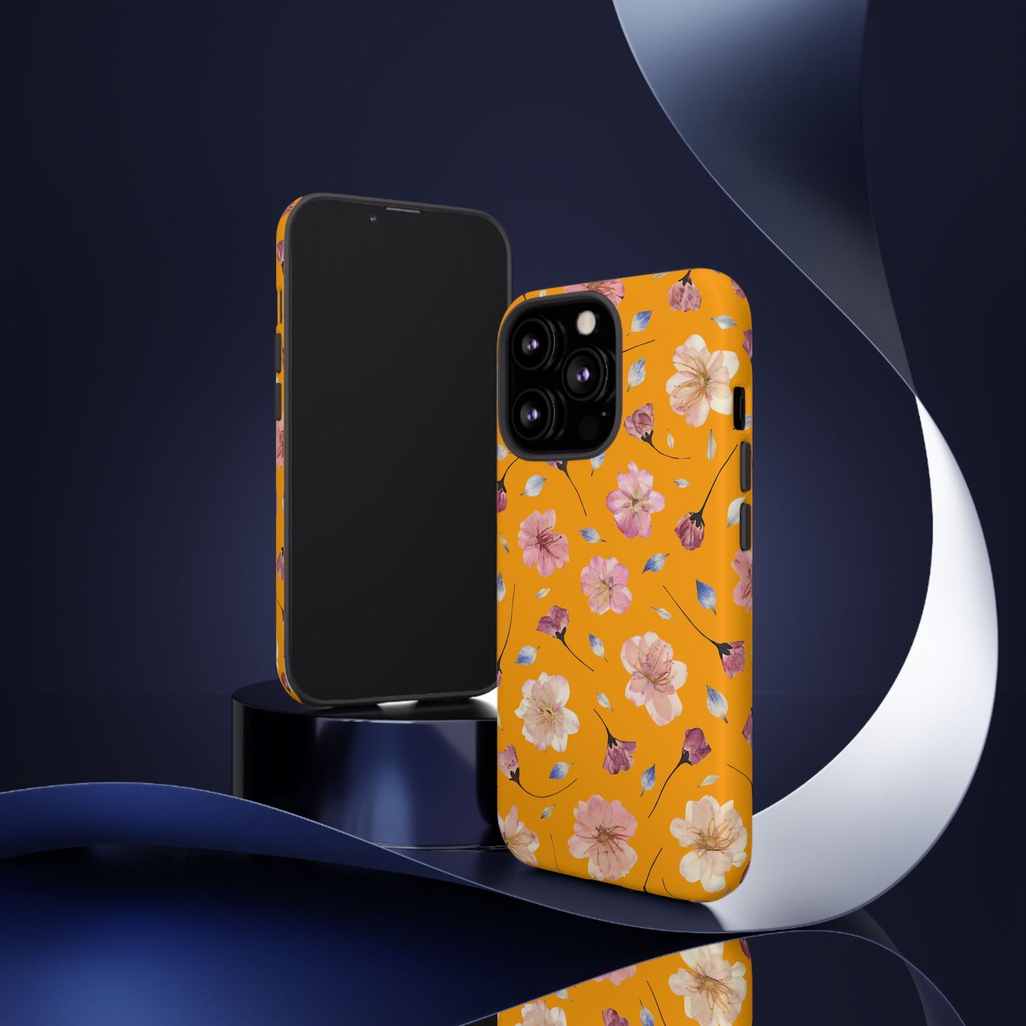 Coque Téléphone Samsung, iPhone & Google Pixel Renforcée Mate – Design Floral Fleurs de Cerisier sur Fond Couleur Curcuma| Protection Antichoc | Idée Cadeau Femme