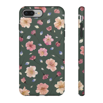 Coque Téléphone Samsung, iPhone & Google Pixel Renforcée Mate – Design Floral Fleurs de Cerisier sur Fond Verte Minéral | Protection Antichoc | Idée Cadeau Femme