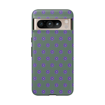 Coque Téléphone Samsung, iPhone & Google Pixel Renforcée Mate – Design Floral Epuré Fleurs de Primevère sur Fond Vert Minéral | Protection Antichoc | Idée Cadeau Femme