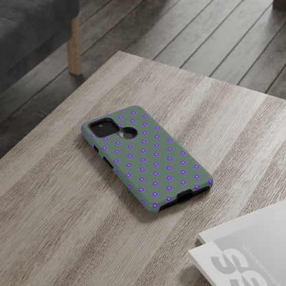 Coque Téléphone Samsung, iPhone & Google Pixel Renforcée Mate – Design Floral Epuré Fleurs de Primevère sur Fond Vert Minéral | Protection Antichoc | Idée Cadeau Femme