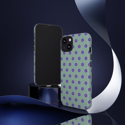 Coque Téléphone Samsung, iPhone & Google Pixel Renforcée Mate – Design Floral Epuré Fleurs de Primevère sur Fond Vert Eucalyptus | Protection Antichoc | Idée Cadeau Anniverssaire