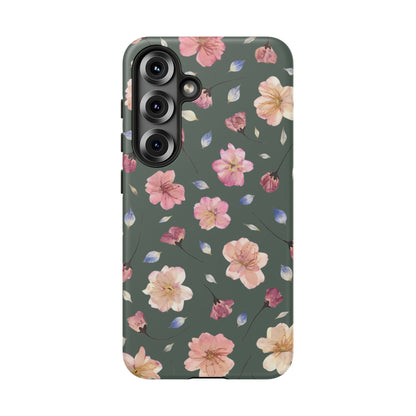 Coque Téléphone Samsung, iPhone & Google Pixel Renforcée Mate – Design Floral Fleurs de Cerisier sur Fond Verte Minéral | Protection Antichoc | Idée Cadeau Femme