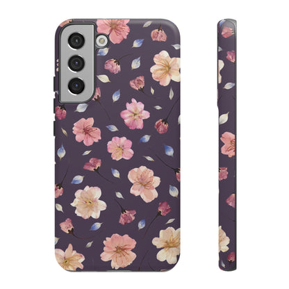 Coque Téléphone Samsung, iPhone & Google Pixel Renforcée Mate – Design Floral Fleurs de Cerisier sur Fond Couleur Prune | Protection Antichoc | Idée Cadeau Femme