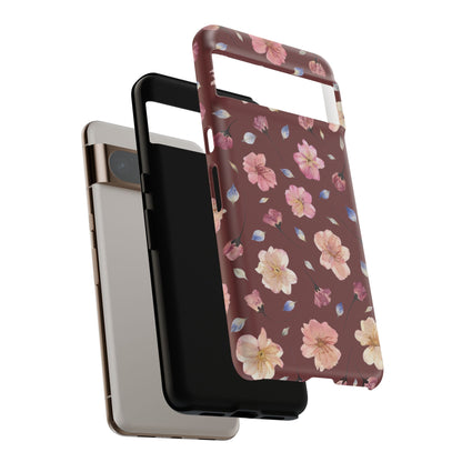 Coque Téléphone Samsung, iPhone & Google Pixel Renforcée Mate – Design Floral Fleurs de Cerisier sur Fond Bordeaux | Protection Antichoc | Idée Cadeau Pour Elle