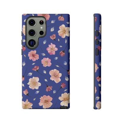 Coque Téléphone Samsung, iPhone & Google Pixel Renforcée Mate – Design Floral Fleurs de Cerisier sur Fond Bleu Encre | Protection Antichoc | Idée Cadeau Pour Elle