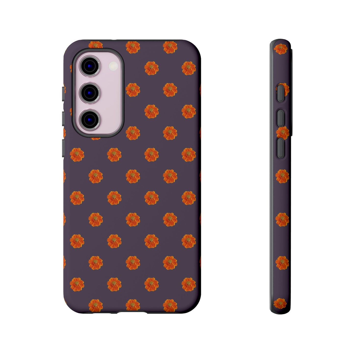 Coque Téléphone Samsung, iPhone & Google Pixel Renforcée Mate – Design Floral Epuré Fleurs de Cosmos Orange sur Fond Couleur Prune | Protection Antichoc | Idée Cadeau Femme