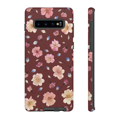 Coque Téléphone Samsung, iPhone & Google Pixel Renforcée Mate – Design Floral Fleurs de Cerisier sur Fond Bordeaux | Protection Antichoc | Idée Cadeau Pour Elle