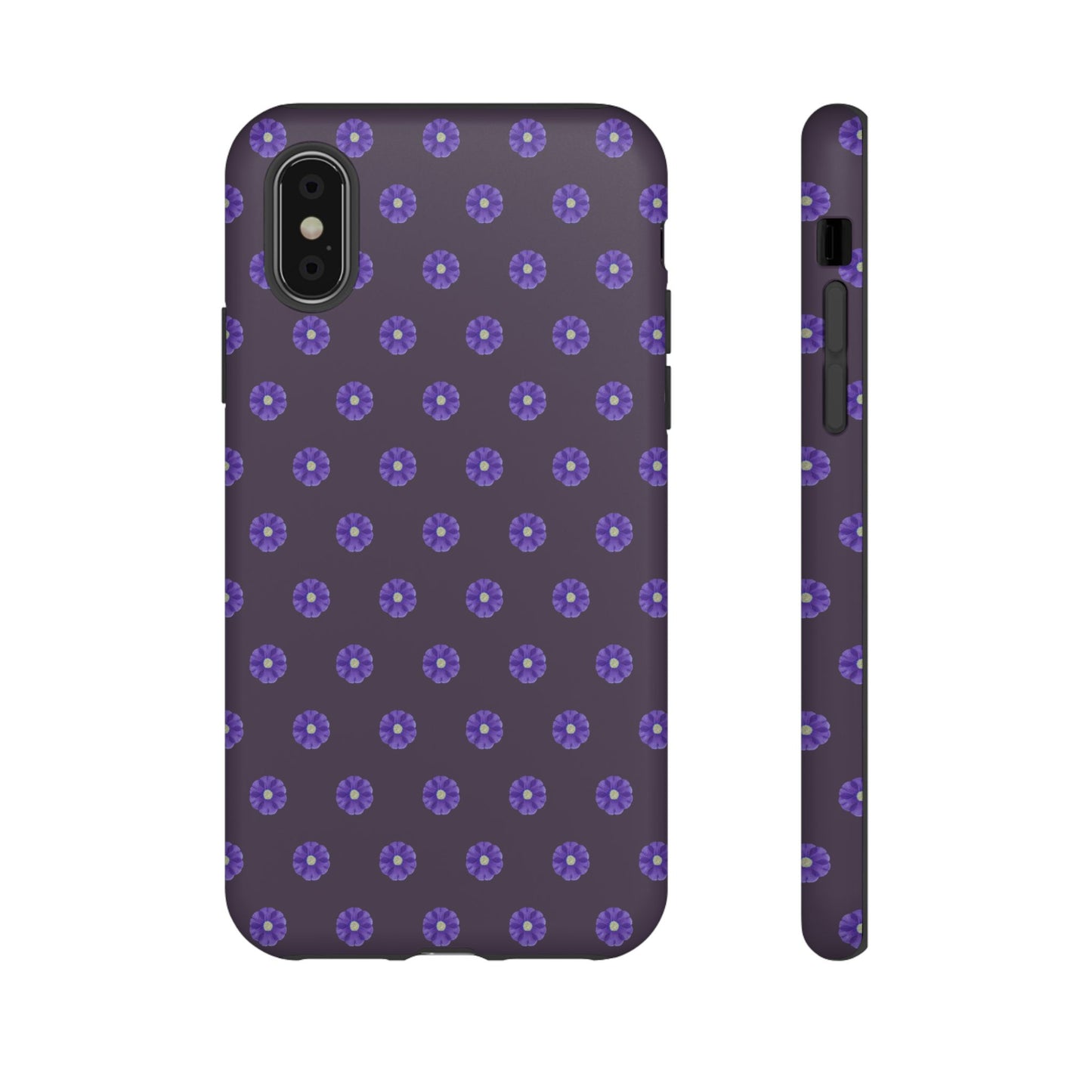 Coque Téléphone Samsung, iPhone & Google Pixel Renforcée Mate – Design Floral Epuré Fleurs de Primevère sur Fond Couleur Prune| Protection Antichoc | Idée Cadeau Femme