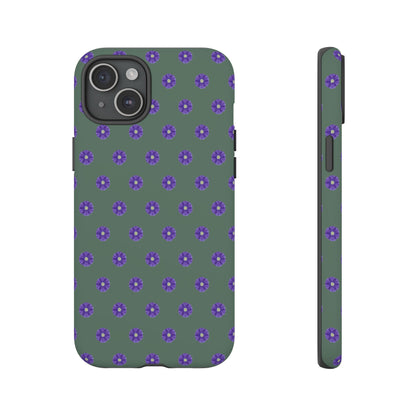 Coque Téléphone Samsung, iPhone & Google Pixel Renforcée Mate – Design Floral Epuré Fleurs de Primevère sur Fond Vert Minéral | Protection Antichoc | Idée Cadeau Femme