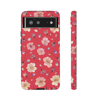 Coque Téléphone Samsung, iPhone & Google Pixel Renforcée Mate – Design Floral Fleurs de Cerisier sur Fond Rouge Féminin | Protection Antichoc | Idée Cadeau Femme