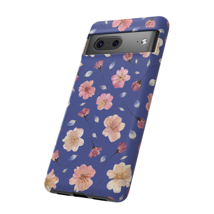Coque Téléphone Samsung, iPhone & Google Pixel Renforcée Mate – Design Floral Fleurs de Cerisier sur Fond Bleu Encre | Protection Antichoc | Idée Cadeau Pour Elle