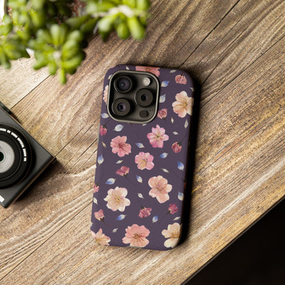 Coque Téléphone Samsung, iPhone & Google Pixel Renforcée Mate – Design Floral Fleurs de Cerisier sur Fond Couleur Prune | Protection Antichoc | Idée Cadeau Femme