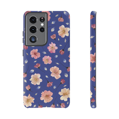 Coque Téléphone Samsung, iPhone & Google Pixel Renforcée Mate – Design Floral Fleurs de Cerisier sur Fond Bleu Encre | Protection Antichoc | Idée Cadeau Pour Elle