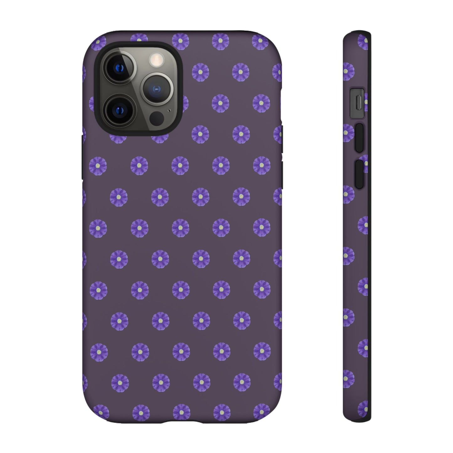 Coque Téléphone Samsung, iPhone & Google Pixel Renforcée Mate – Design Floral Epuré Fleurs de Primevère sur Fond Couleur Prune| Protection Antichoc | Idée Cadeau Femme