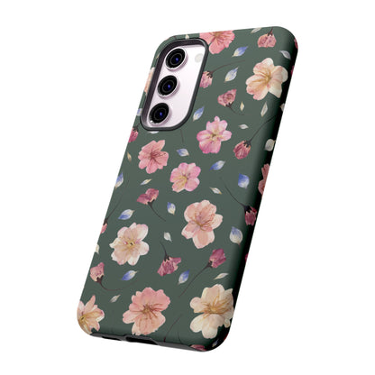 Coque Téléphone Samsung, iPhone & Google Pixel Renforcée Mate – Design Floral Fleurs de Cerisier sur Fond Verte Minéral | Protection Antichoc | Idée Cadeau Femme