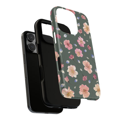 Coque Téléphone Samsung, iPhone & Google Pixel Renforcée Mate – Design Floral Fleurs de Cerisier sur Fond Verte Minéral | Protection Antichoc | Idée Cadeau Femme
