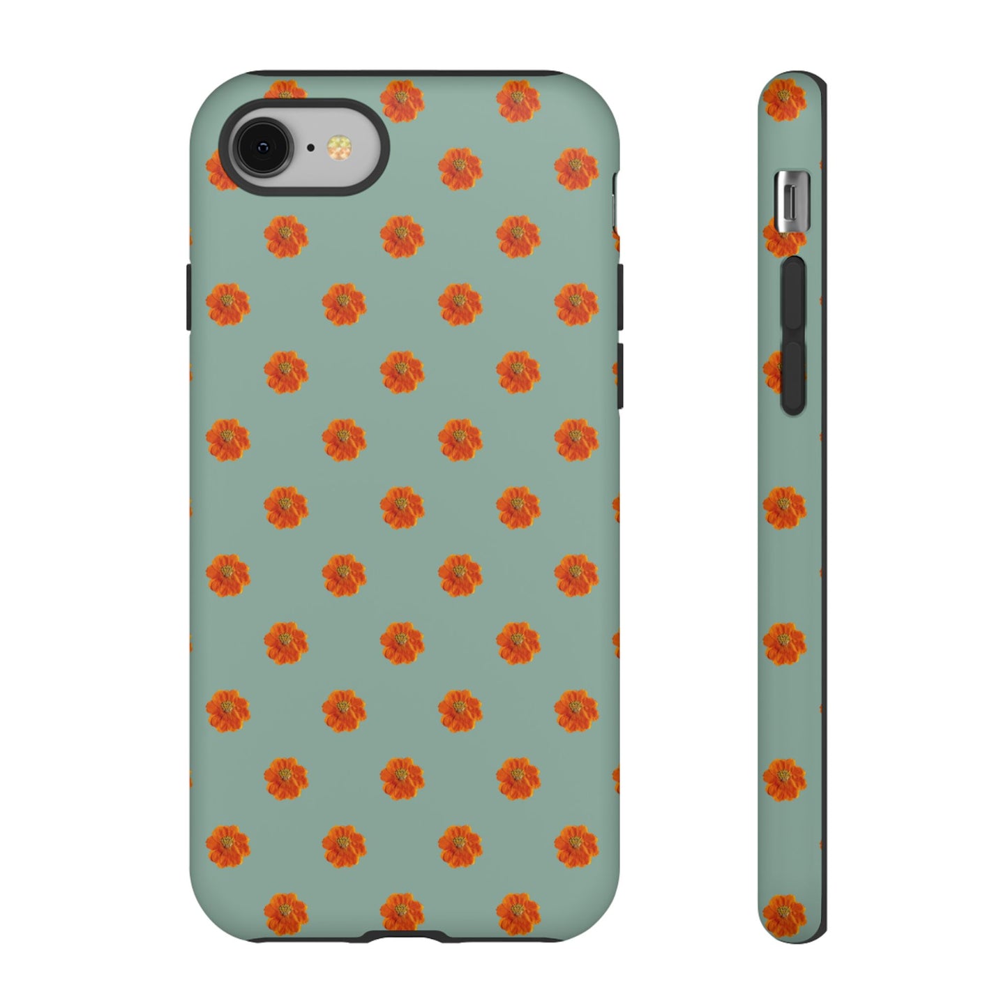 Coque Téléphone Samsung, iPhone & Google Pixel Renforcée Mate – Design Floral Epuré Fleurs de Cosmos Orange sur Fond Vert Eucalyptus | Protection Antichoc | Idée Cadeau Femme