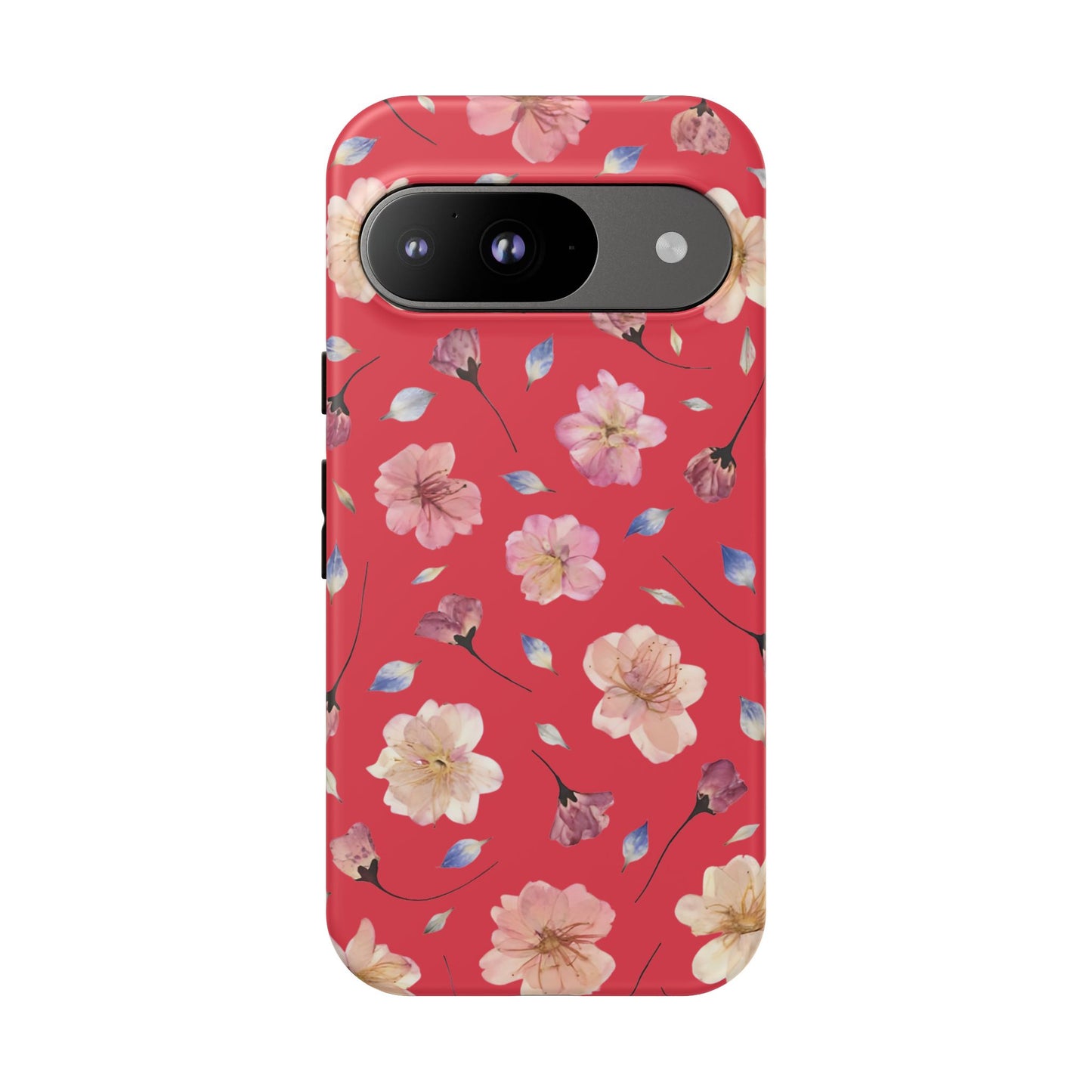 Coque Téléphone Samsung, iPhone & Google Pixel Renforcée Mate – Design Floral Fleurs de Cerisier sur Fond Rouge Féminin | Protection Antichoc | Idée Cadeau Femme