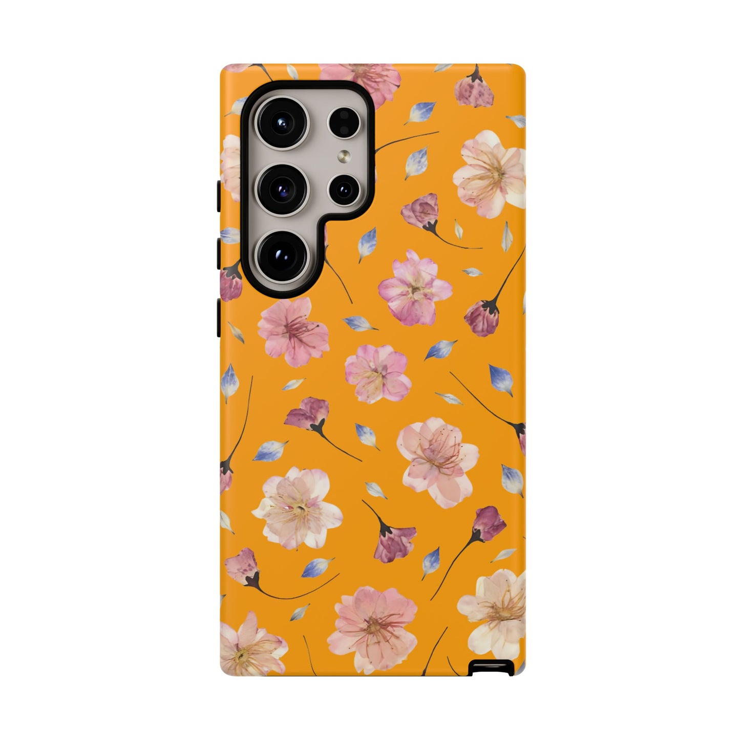 Coque Téléphone Samsung, iPhone & Google Pixel Renforcée Mate – Design Floral Fleurs de Cerisier sur Fond Couleur Curcuma| Protection Antichoc | Idée Cadeau Femme
