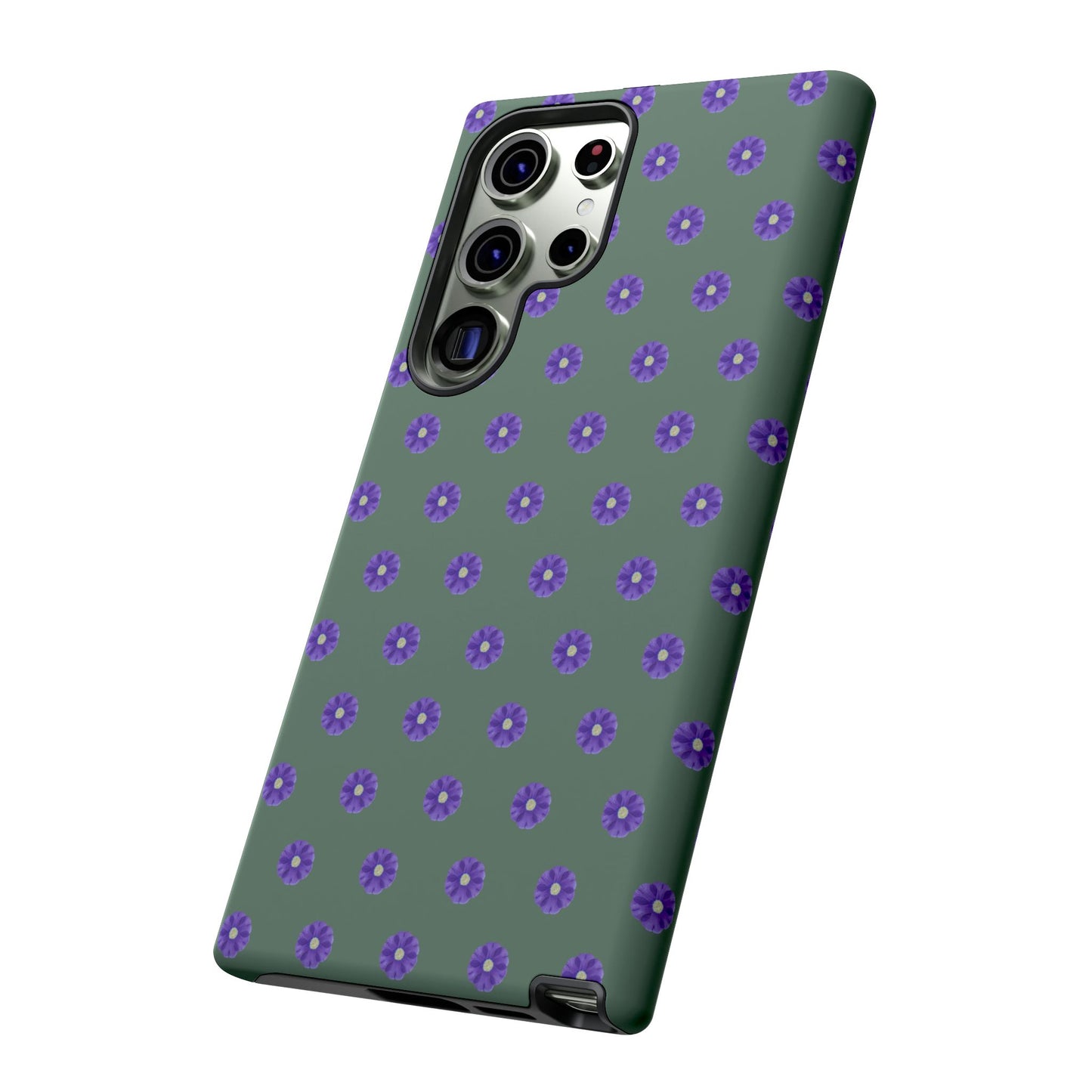 Coque Téléphone Samsung, iPhone & Google Pixel Renforcée Mate – Design Floral Epuré Fleurs de Primevère sur Fond Vert Minéral | Protection Antichoc | Idée Cadeau Femme