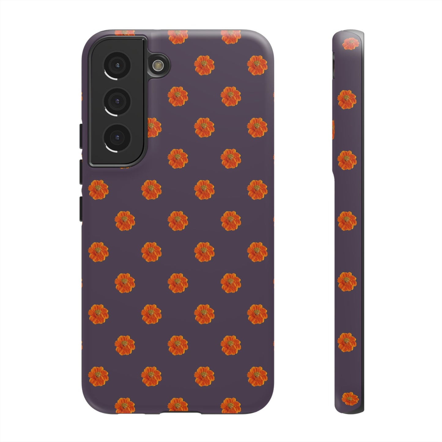 Coque Téléphone Samsung, iPhone & Google Pixel Renforcée Mate – Design Floral Epuré Fleurs de Cosmos Orange sur Fond Couleur Prune | Protection Antichoc | Idée Cadeau Femme