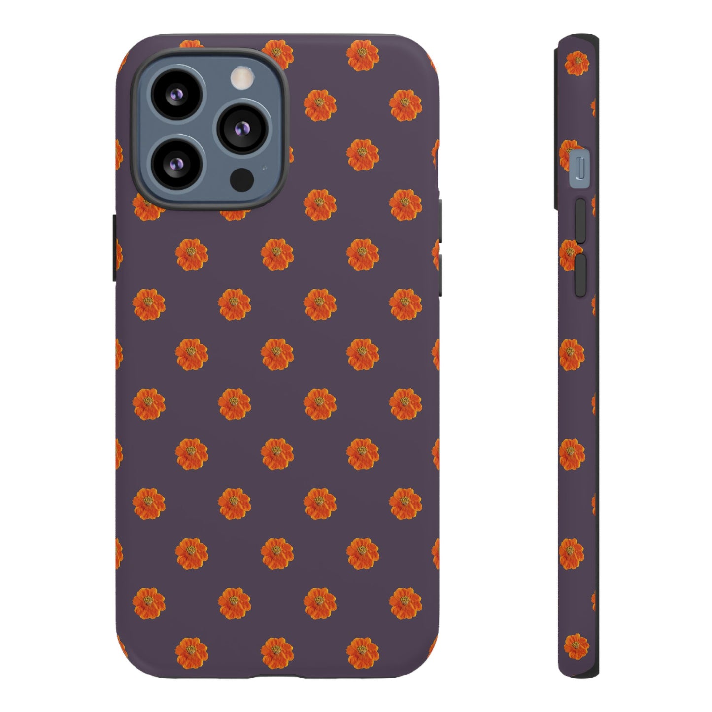 Coque Téléphone Samsung, iPhone & Google Pixel Renforcée Mate – Design Floral Epuré Fleurs de Cosmos Orange sur Fond Couleur Prune | Protection Antichoc | Idée Cadeau Femme